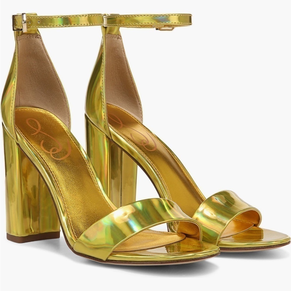 New Sam Edelman Women’s Yaro Ankle Strap Block Heel Sandal in Mimosa Gold Size 8